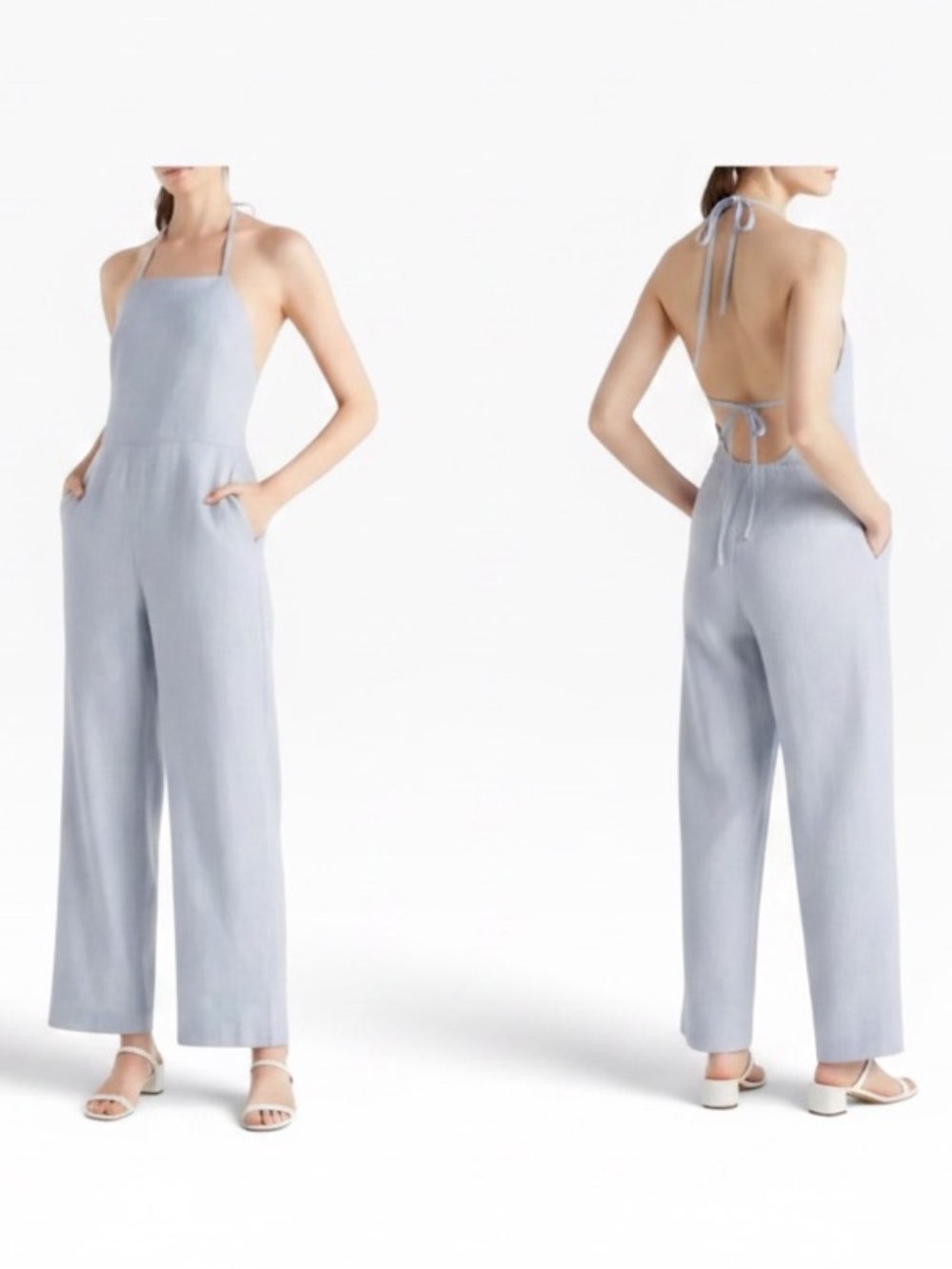 Club Monaco Light Blue Halter-Back Wide-Leg Jumpsuit